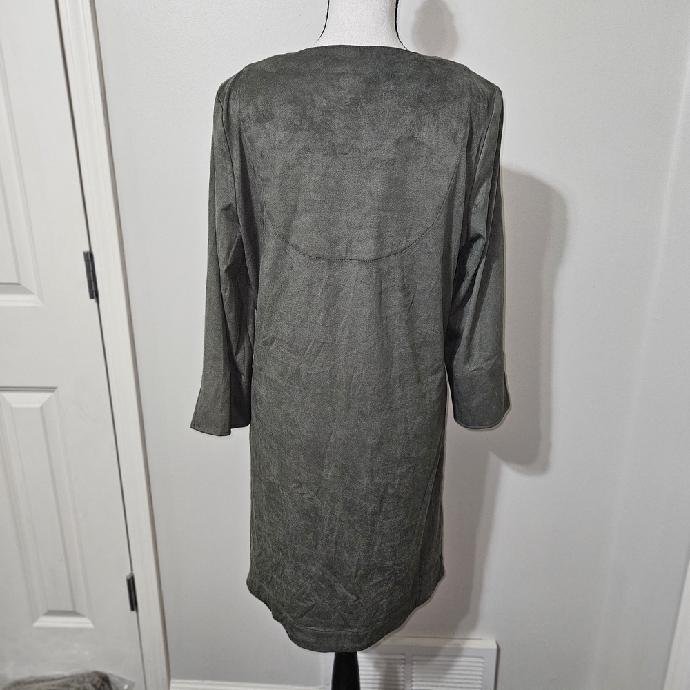GRETCHEN SCOTT Womens Medium Olive Suede V-Neck 3/4 Sleeve Tunic Dress - Picture 3 of 7